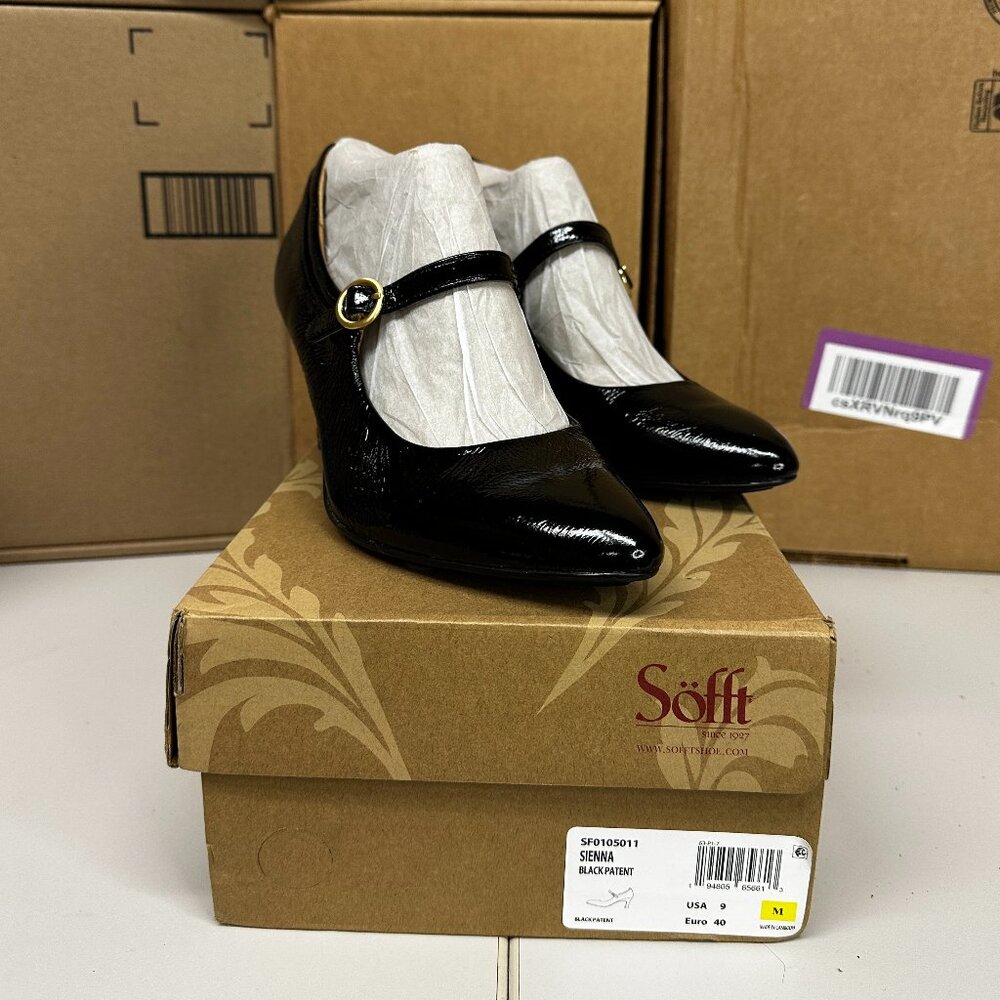 Sofft Shiny Black Heels with Buckle